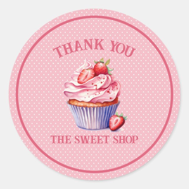Pegatina Redonda Editable Pink Cupcake Sticker – Custom Bakery (Anverso)