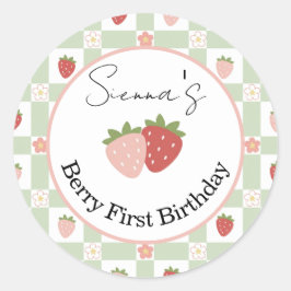 Pegatina Redonda Editable Strawberry Gingham 1st Birthday Favor