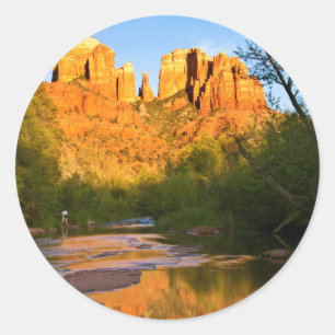 Pegatina Redonda EE. UU., Arizona. Cathedral Rock al atardecer