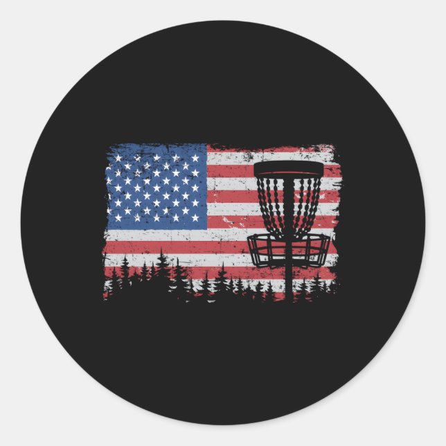 Pegatina Redonda Ee. Uu. Bandera Americana Disk Golf Basket Frisbee (Anverso)