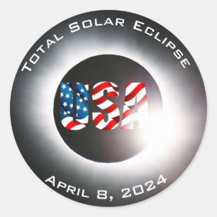 Pegatina Redonda EE. UU. BANDERA Eclipse solar total 8 de abril de