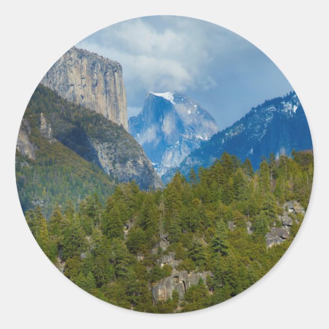 Pegatina Redonda EE.UU., California. Vista De Media Domo En Yosemit (Anverso)
