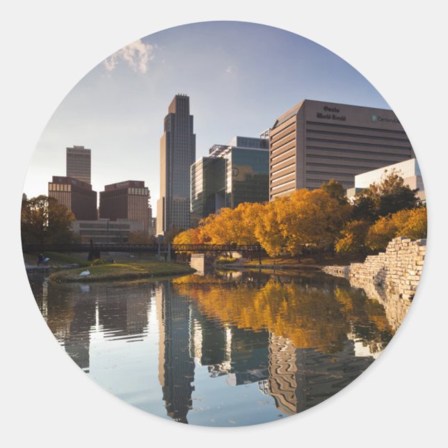 Pegatina Redonda EE.UU., Nebraska, Omaha, Gene Leahy Mall, Skyline (Anverso)