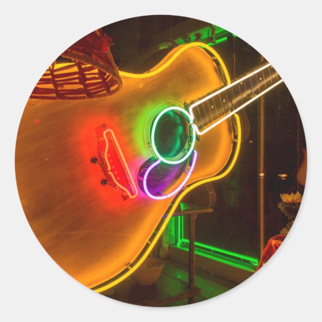 Pegatina Redonda EE.UU., Texas, Austin. Neon Guitar En Blackmail (Anverso)