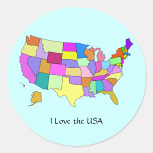 Pegatina Redonda EEUU: Amo a EEUU, mapa de EEUU