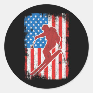 Pegatina Redonda Eeuu Patriotic Skier Coach Winter Sports
