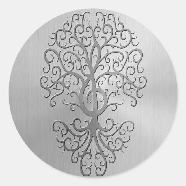 Pegatina Redonda Efecto Acero Inoxidable Treble Clef Tree Graphic (Anverso)