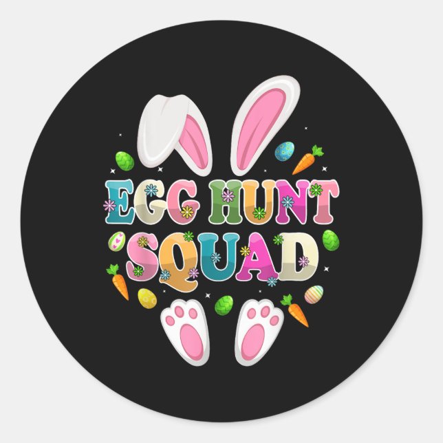 Pegatina Redonda Egg Hunt Squad Bunny Feliz Día de Pascua (Anverso)