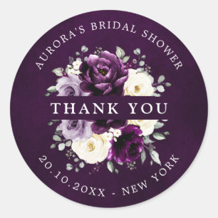 Pegatina Redonda Eggplant Purple Plum Marfil Bridal Shower Gracias