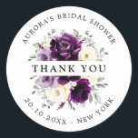 Pegatina Redonda Eggplant Purple Plum Marfil Bridal Shower Gracias<br><div class="desc">Elegante ducha de novias floral de medio verano gracias pegatina cuenta con un ramo de rosas acuáticos peonías en tonos de ciruela morada, marfil champán floral y salvia , hojas de eucalipto botánico verde exuberante. Encontrará más diseños y variaciones de mi tienda "blissweddingpaperie". Y no dudes en ponerte en contacto...</div>