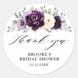Pegatina Redonda Eggplant Purple Plum Marfil Bridal Shower Gracias
