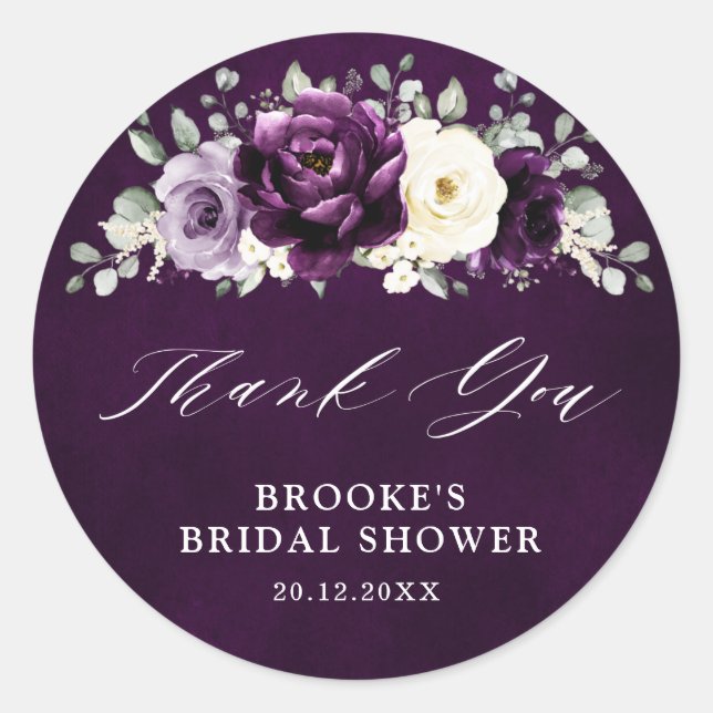 Pegatina Redonda Eggplant Purple Plum Marfil Bridal Shower Gracias (Anverso)