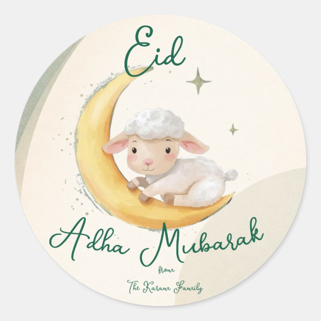 Pegatina Redonda Eid  Al Adha dusty Green cute Sheep Dinner  (Anverso)