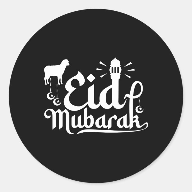 Pegatina Redonda Eid Al Adha Mubarak Musulmanes Familia Oveja 2023 (Anverso)