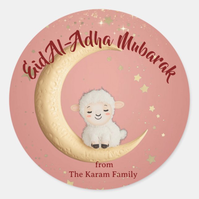 Pegatina Redonda Eid Al-Adha Mubarak Rosa (Anverso)