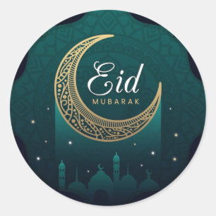 Pegatina Redonda Eid Mubarak Gold Green