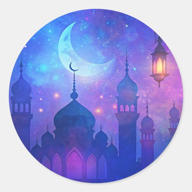Pegatina Redonda Eid Mubarak Magic Arabian Nights Crescent Colores (Anverso)