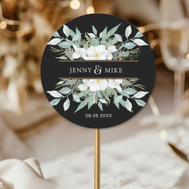Pegatina Redonda Einfache, elegante Eukalyptus (Simple, elegant eucalyptus classic round sticker with your name and date.)