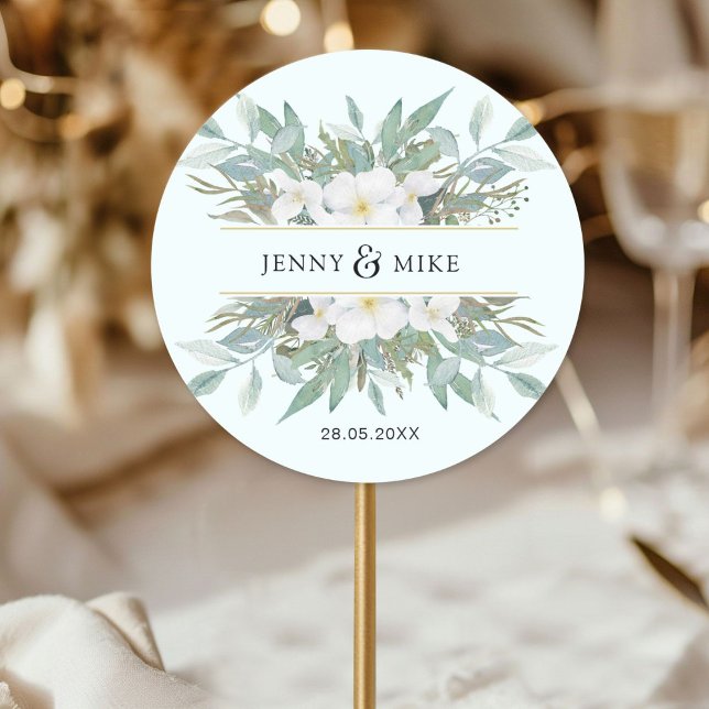 Pegatina Redonda Einfache, elegante Eukalyptus (Simple, elegant eucalyptus classic round sticker with your name and date.)