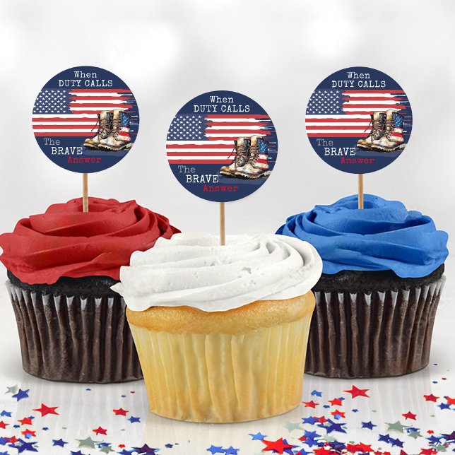 Pegatina Redonda Ejército arranca camisetas con la bandera de EE.UU (Navy blue patriotic US flag boots duty calls brave military going away party cupcake pick stickers)
