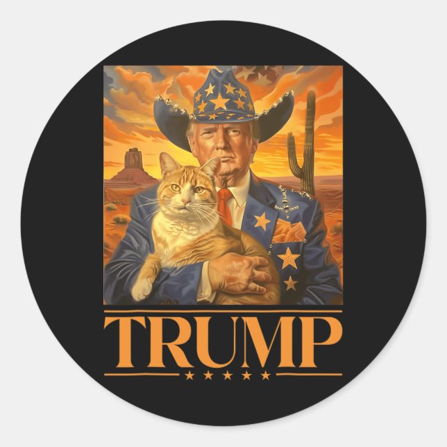 Pegatina Redonda El 2024 Y El Cat Western Cowboy Patriótico El 4 De (Anverso)