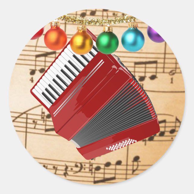 Pegatina Redonda El acordeón rojo, el diseño Navidad, (Anverso)