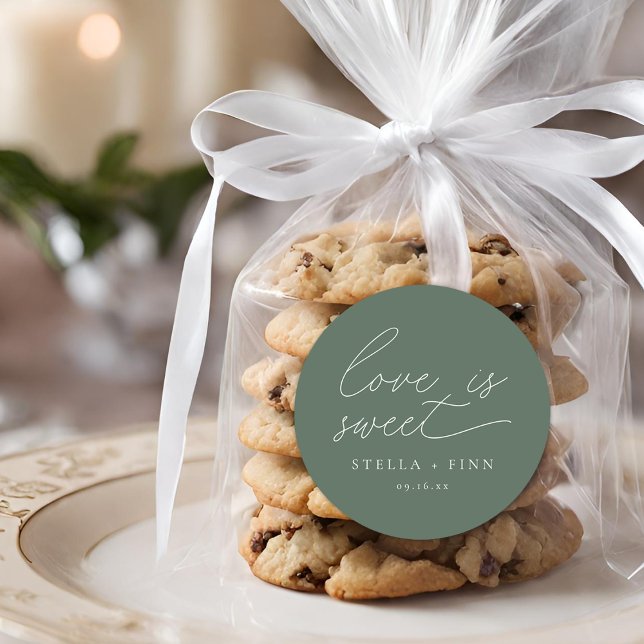 Pegatina Redonda El amor de escritura moderna es dulce Boda (Modern Script Love Is Sweet Wedding Classic Round Sticker)