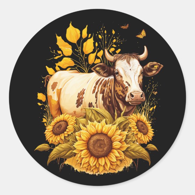 Pegatina Redonda El amor del girasol de vaca cuchi dibujando arte (Anverso)