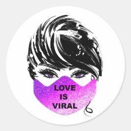 Pegatina Redonda El amor es Chica viral Coronavirus Máscara Rosa