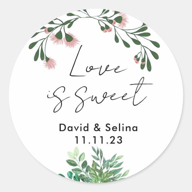 Pegatina Redonda El amor es dulce con flores y hojas Boda (Anverso)