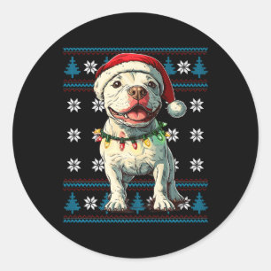Pegatina Redonda El árbol de navidad bull terrier Santa Xmas ilumin