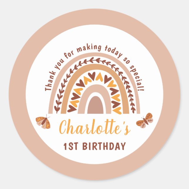 Pegatina Redonda El arco iris rosado moderno primer cumpleaños grac (Anverso)