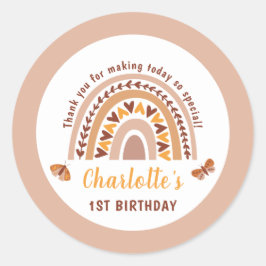 Pegatina Redonda El arco iris rosado moderno primer cumpleaños grac