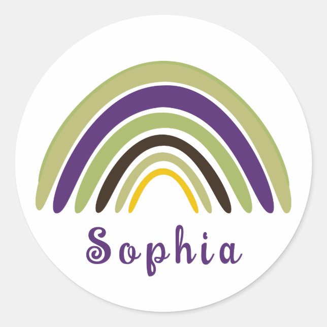 Pegatina Redonda El arcoiris boho con nombre personalizado en verde (Anverso)