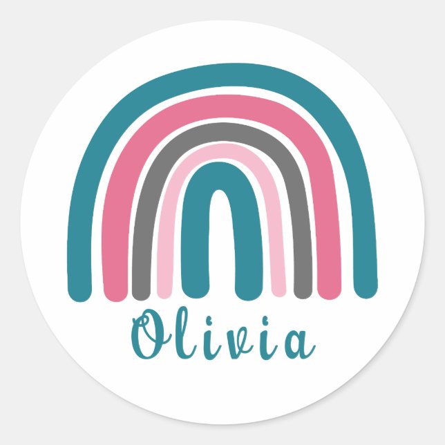 Pegatina Redonda El arcoiris colorido Boho con nombre personalizado (Anverso)