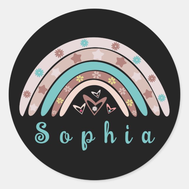 Pegatina Redonda El arcoiris de moda boho con nombre personalizado (Anverso)