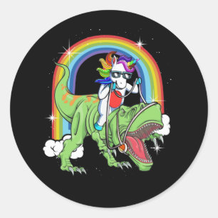 Pegatina Redonda El arcoiris de Unicornio en Rex Dinosaur