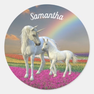 Pegatina Redonda El arcoiris de unicornio madre y bebé