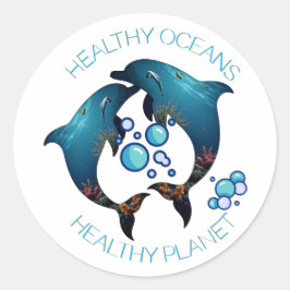 Pegatina Redonda El arte ambiental de los delfines del océano salud