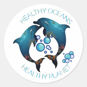 Pegatina Redonda El arte ambiental de los delfines del océano salud