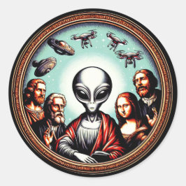 Pegatina Redonda El arte clásico se encuentra con el humor alieníge