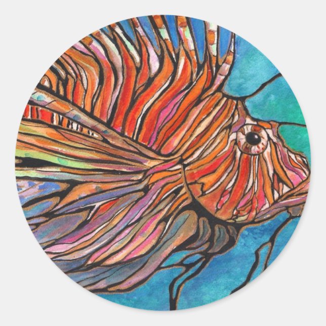 Pegatina Redonda ¡El Arte De Estilo "Vidrio Manchado" De Lionfish C (Anverso)