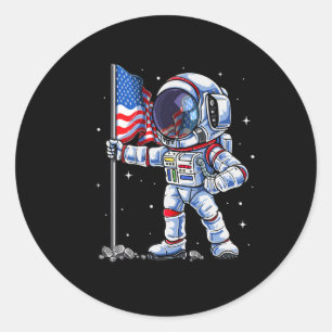 Pegatina Redonda El Astronauta Estadounidense De Julio, La Bandera 