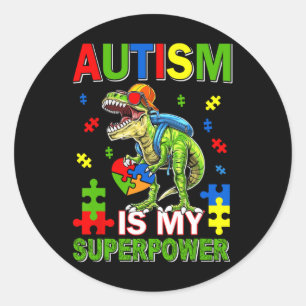 Pegatina Redonda El autismo de los niños de Dinosaur T-rex es mi au