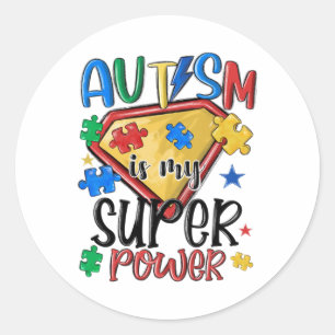 Pegatina Redonda El autismo es mi súper poder Mes de Conciencia sob