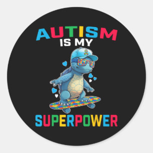 Pegatina Redonda El autismo es mi superpoder Dino Puzzle Awareness