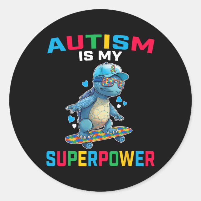 Pegatina Redonda El autismo es mi superpoder Dino Puzzle Awareness  (Anverso)