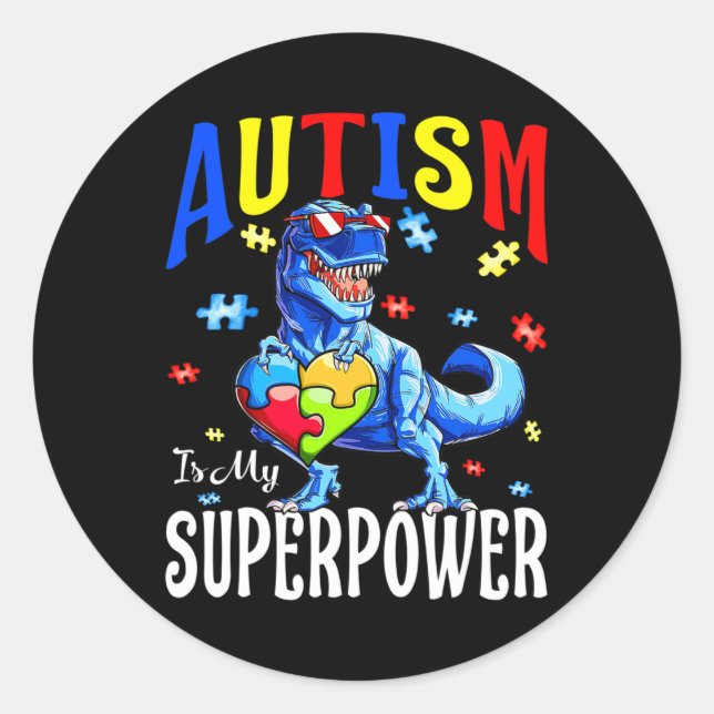 Pegatina Redonda El autismo es mi superpoder el dinosaurio de conci (Anverso)
