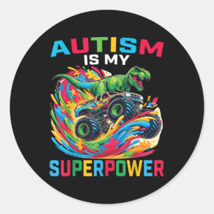 Pegatina Redonda El Autismo Es Mi Superpotencia Dino T Rex Monster 