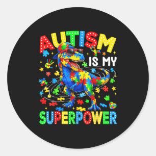 Pegatina Redonda El autismo es superpoder dinosaurio t-rex autismo